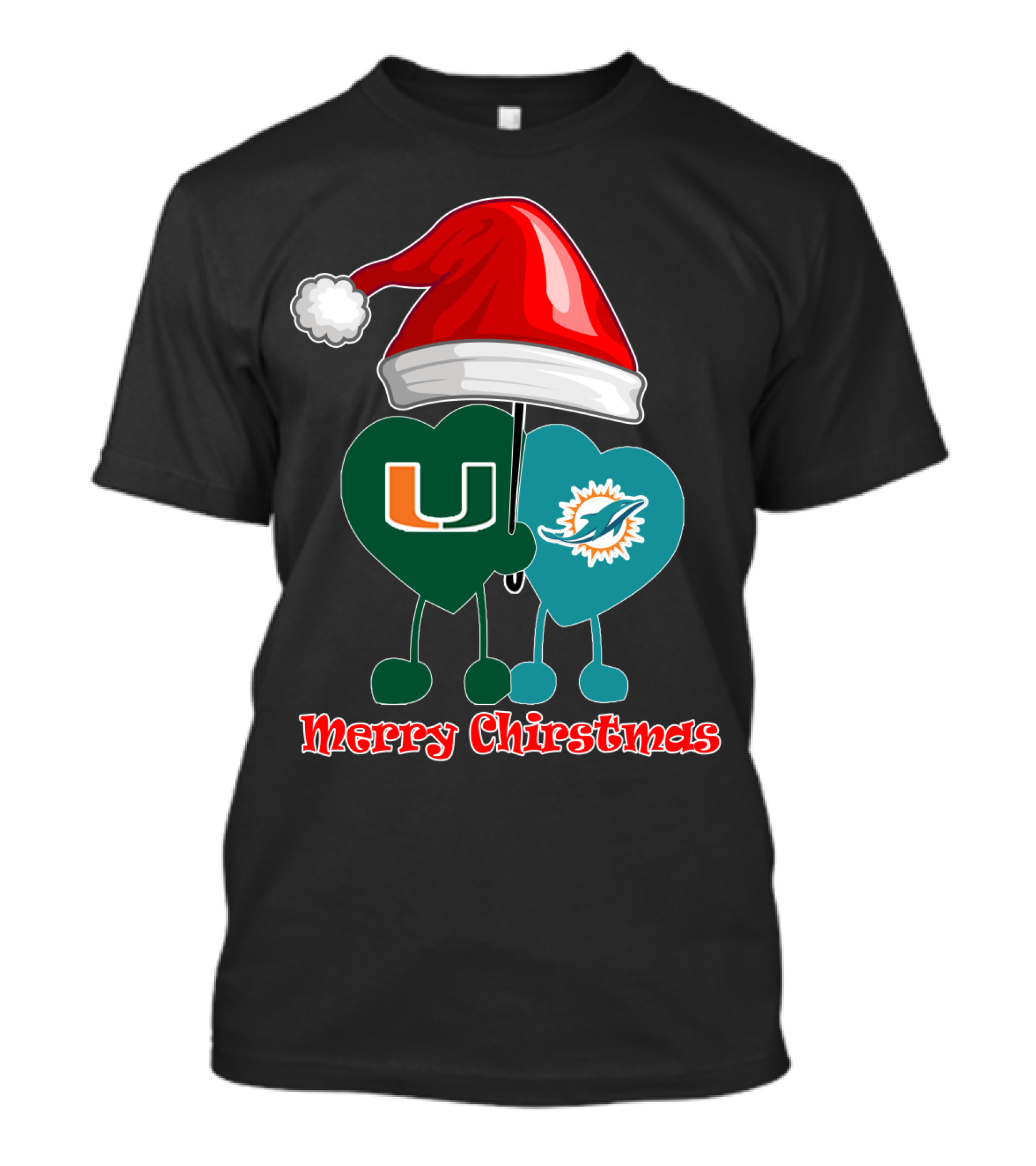 Merry Christmas Miami Dolphins Miami Hurricanes Santa Hat Hearts T-Shirt