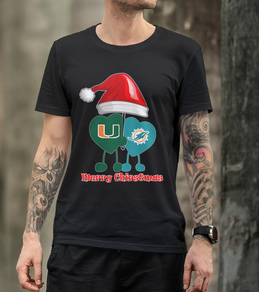 Merry Christmas Miami Dolphins Miami Hurricanes Santa Hat Hearts T-Shirt