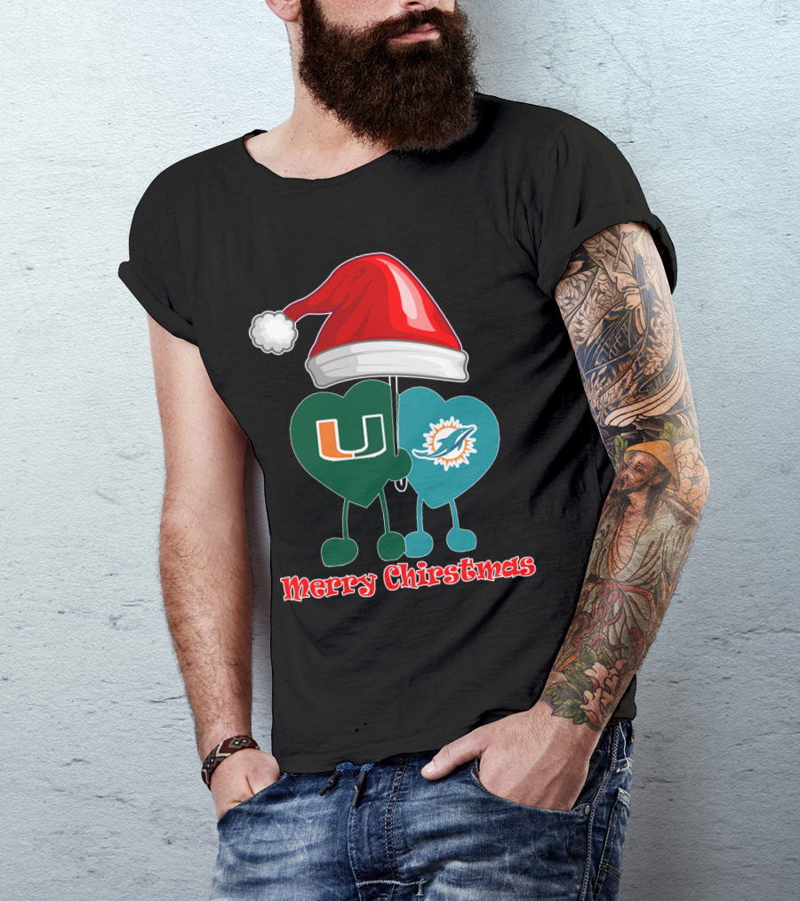 Merry Christmas Miami Dolphins Miami Hurricanes Santa Hat Hearts T-Shirt