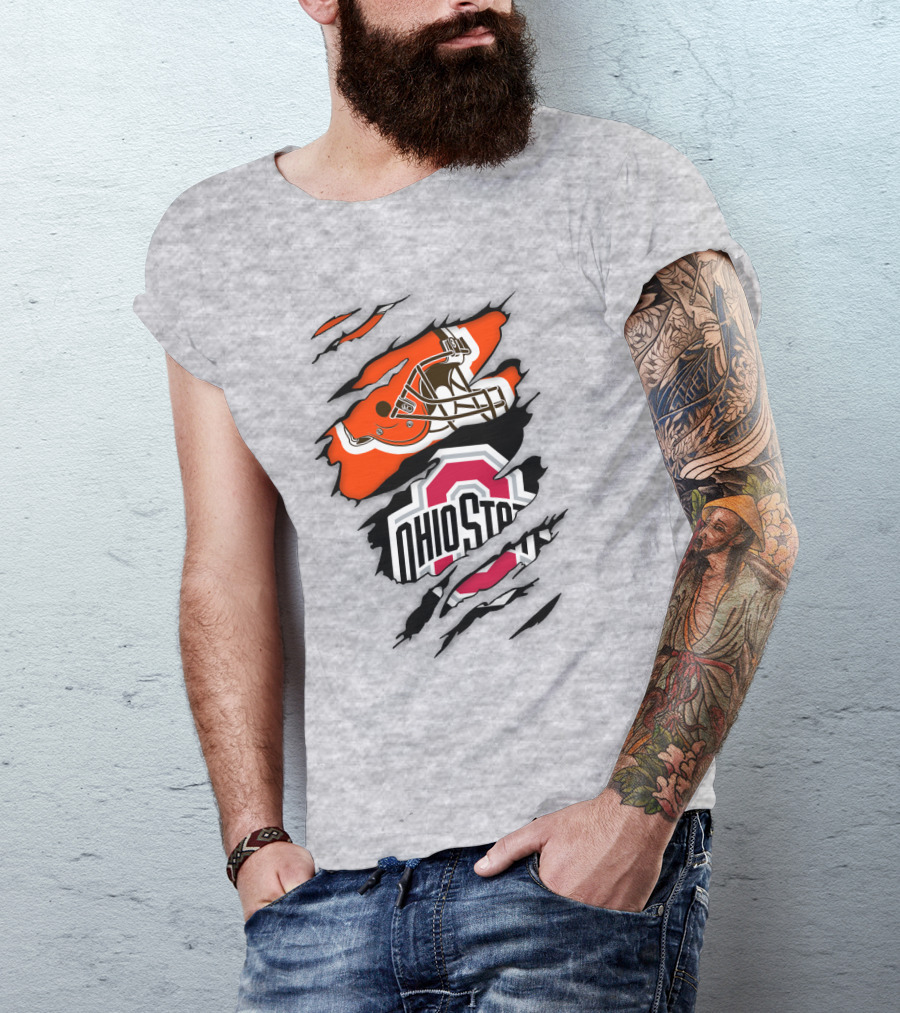 Cleveland Browns Helmet And Ohio State Buckeyes Logo Ripped T-Shirt