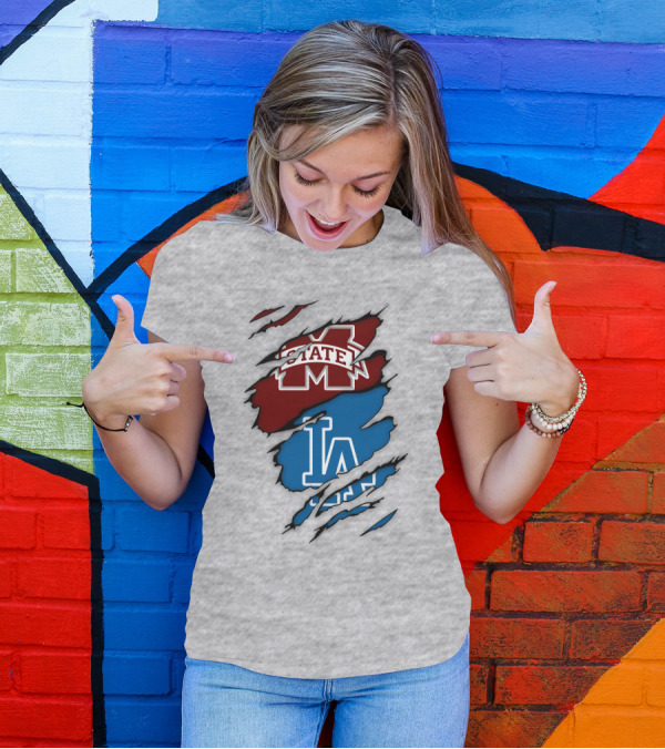 Los Angeles Dodgers LA Mississippi State MS State Torn Effect T-Shirt