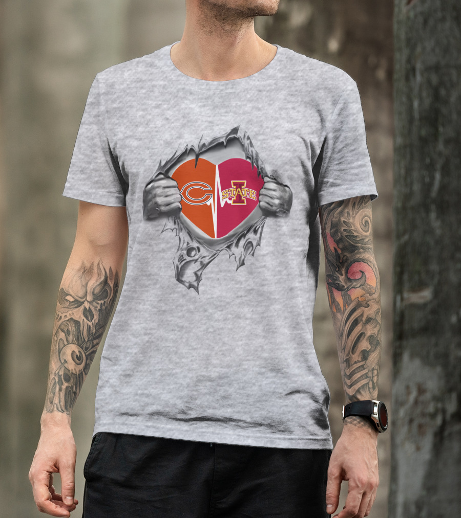 Iowa State Chicago Bears Logo Heart Ripped T-Shirt