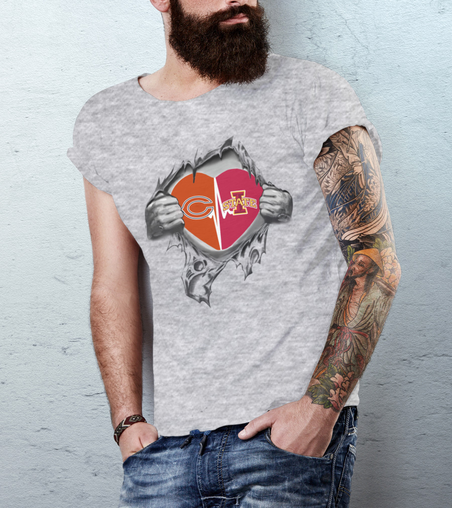 Iowa State Chicago Bears Logo Heart Ripped T-Shirt