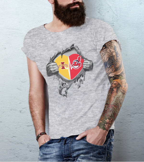 Iowa State Cyclones Cleveland Indians Heart Logo Hands Peeling T-Shirt