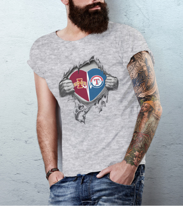 Iowa State Cyclones And Texas Rangers Heart Burst Logo Collaboration T-Shirt