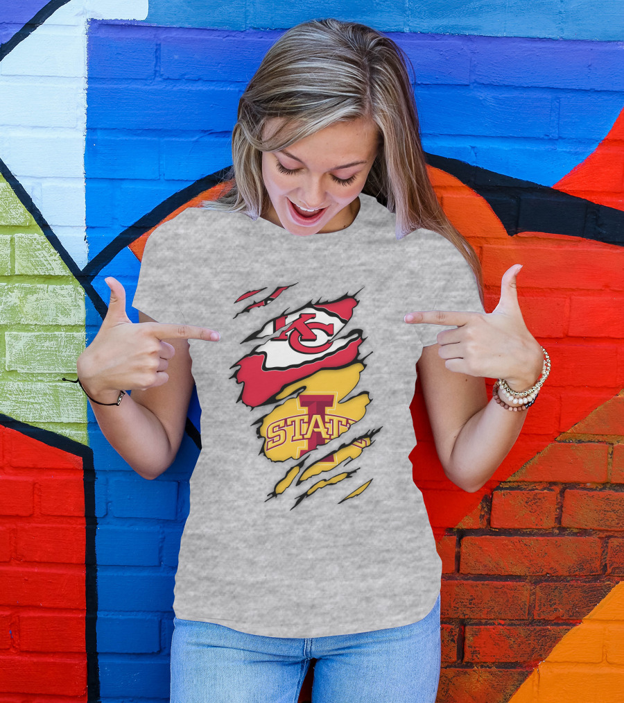 Iowa State Cyclones Kansas City Chiefs Logo Ripped Style T-Shirt