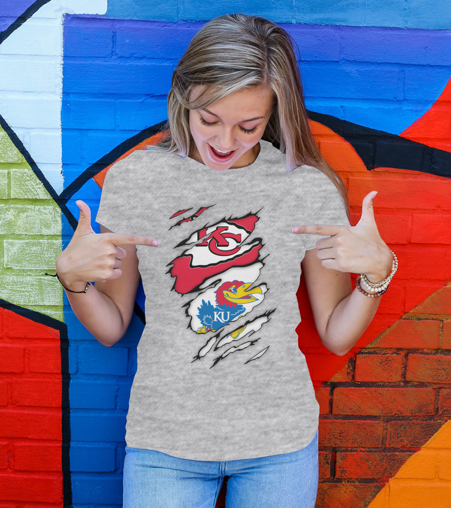 Kansas City Chiefs And Ku Jayhawks Logos Torn T-Shirt