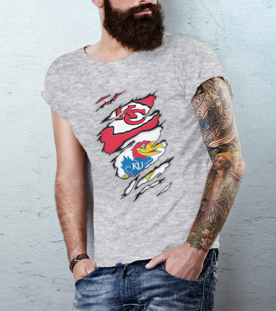 Kansas City Chiefs And Ku Jayhawks Logos Torn T-Shirt