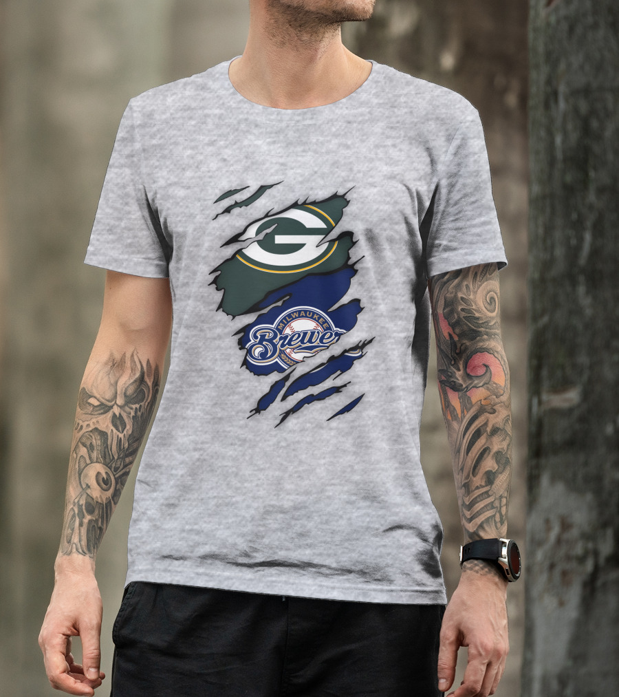 Milwaukee Brewers Green Bay Packers Logos Claw Marks T-Shirt