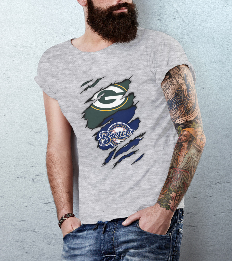 Milwaukee Brewers Green Bay Packers Logos Claw Marks T-Shirt