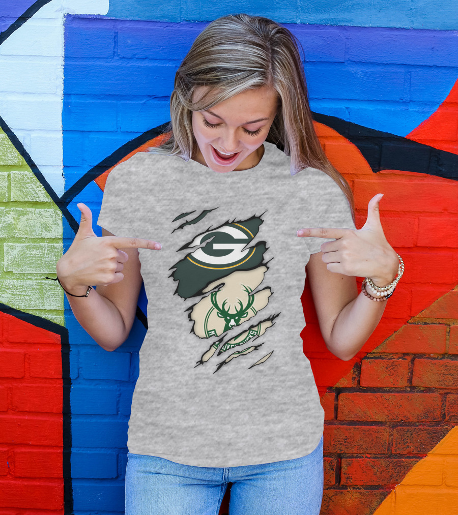 Green Bay Packers Milwaukee Bucks Ripped Reveal Logo Fusion T-Shirt