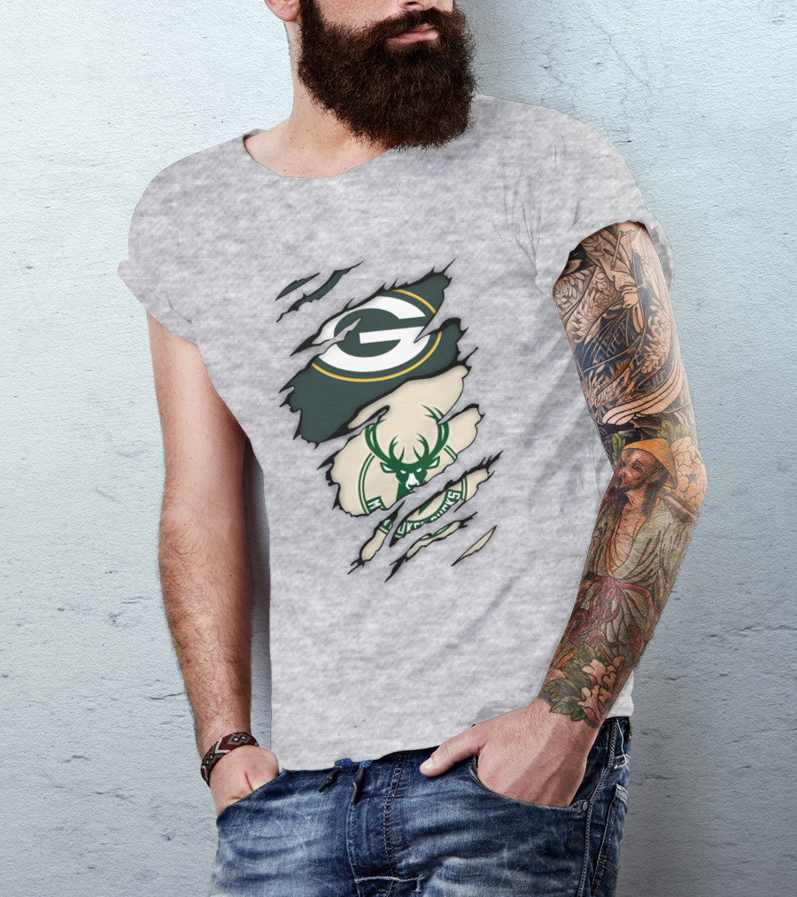 Green Bay Packers Milwaukee Bucks Ripped Reveal Logo Fusion T-Shirt