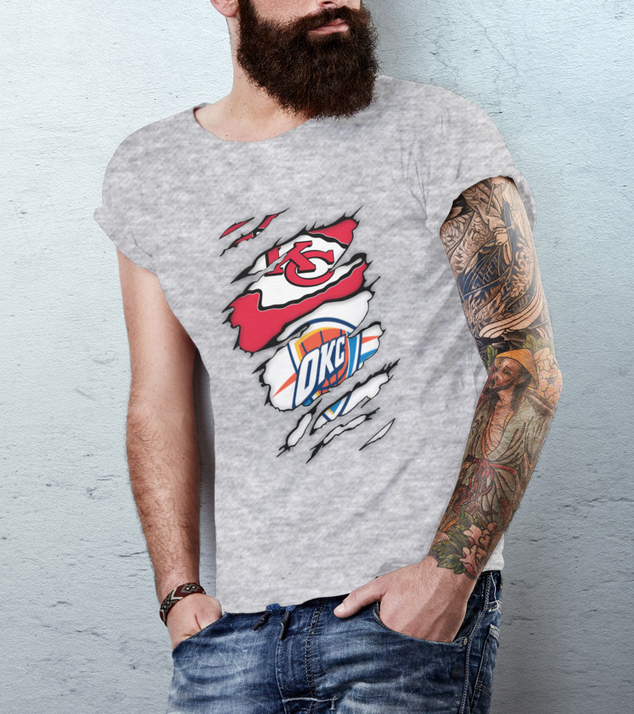 Kansas City Chiefs Okc Thunder Logos Overlapping Sports Crossover T-Shirt
