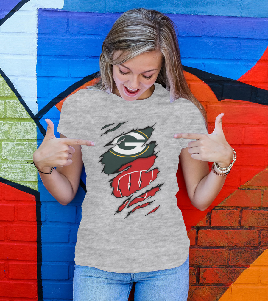 Wisconsin Badgers And Green Bay Packers Claw Marks Logo Mashup T-Shirt