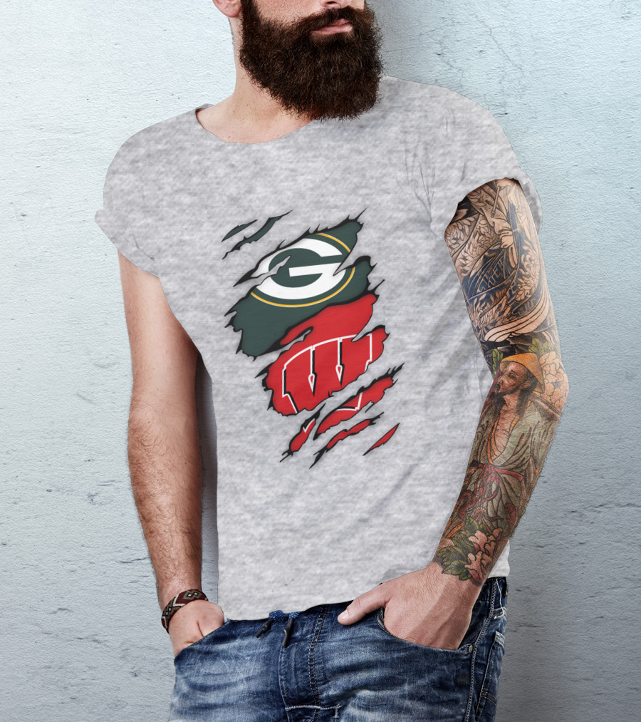Wisconsin Badgers And Green Bay Packers Claw Marks Logo Mashup T-Shirt