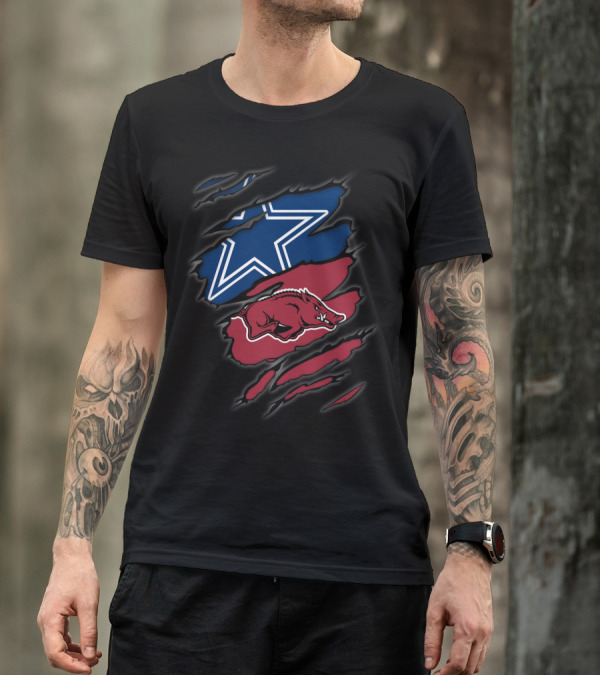 Dallas Cowboys Star And Arkansas Razorbacks Hog Behind Claw Marks T-Shirt