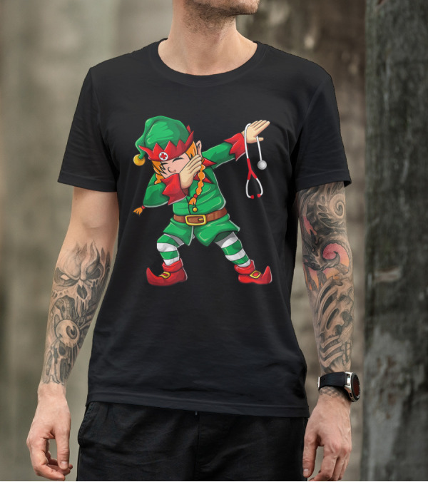 Dabbing Elf Girl Christmas Nurse Stethoscope Scrub Tops T-Shirt