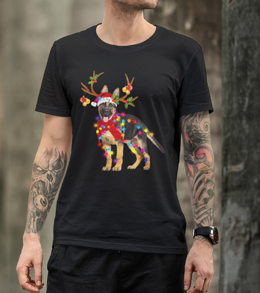 German Shepherd Christmas Dog With Reindeer Antlers And Holiday Lights T-Shirt