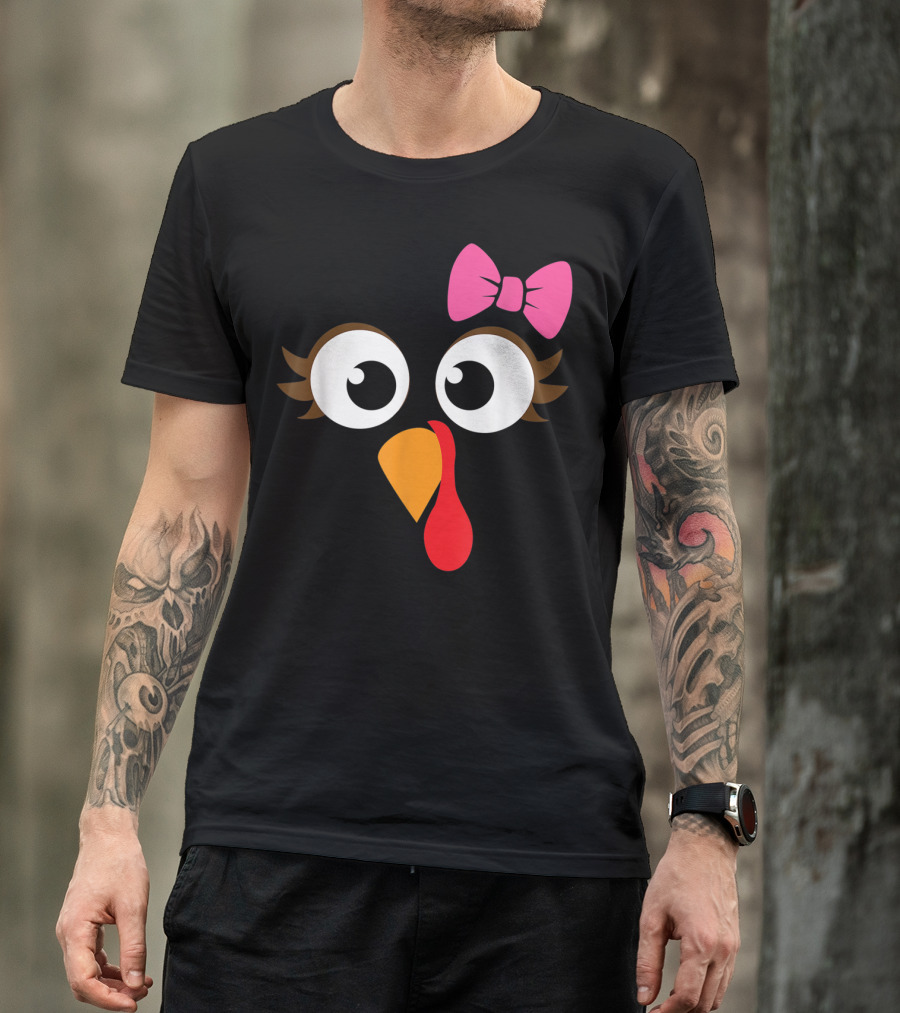 Turkey Face With Pink Bow Girl Cartoon Eyes T-Shirt