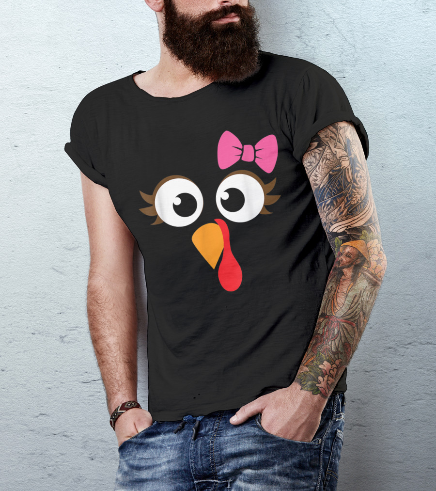 Turkey Face With Pink Bow Girl Cartoon Eyes T-Shirt