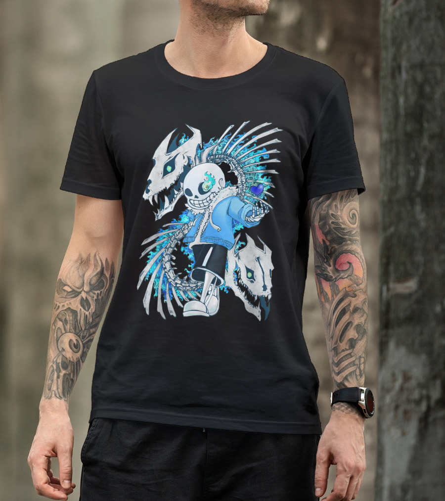 Sans Undertale Skeleton Flames Blue Heart Gaming Character T-Shirt
