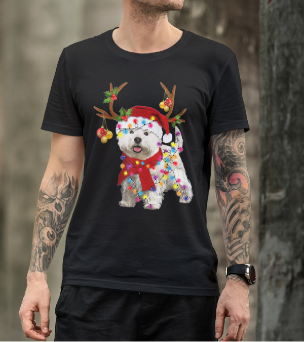 Santa Westie Dog Reindeer Lights Holiday T-Shirt