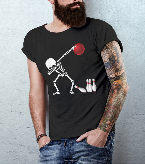 Skeleton Bowler Dabbing With Red Bowling Ball And Pins Fun Bones Lover T-Shirt
