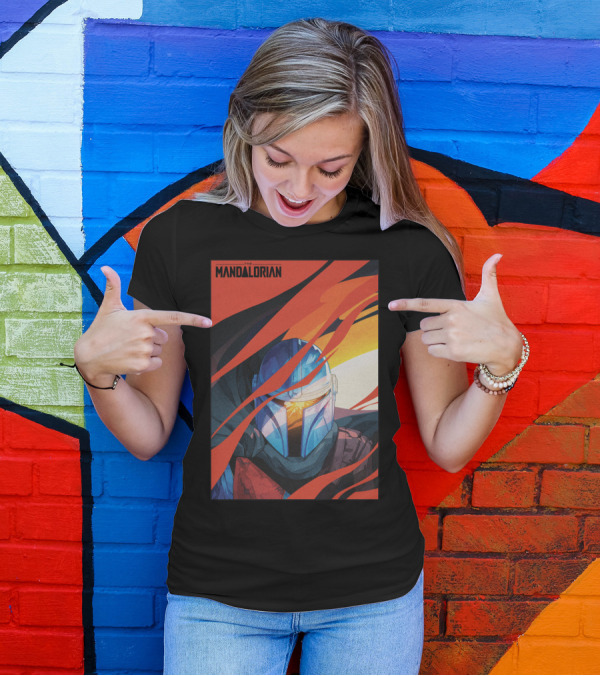 Star Wars The Mandalorian Helmet With Red And Orange Abstract Waves T-Shirt