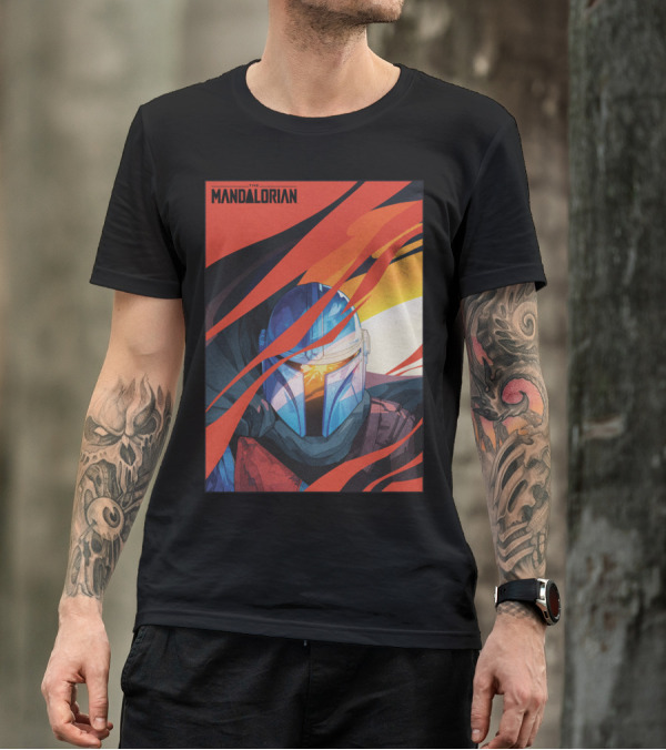 Star Wars The Mandalorian Helmet With Red And Orange Abstract Waves T-Shirt