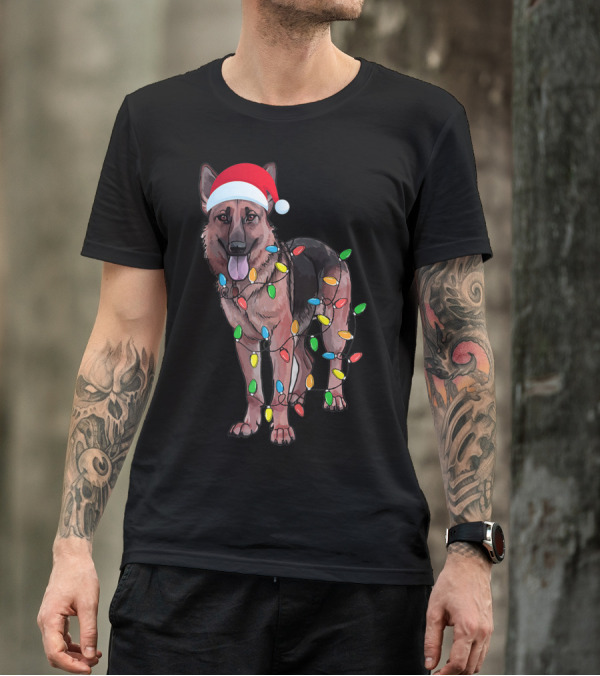 Christmas German Shepherd Dog Santa Hat Wrapped In Lights T-Shirt