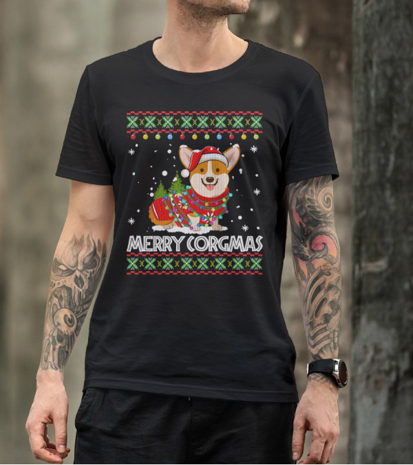 Merry Corgmas Corgi Dog Santa Hat Christmas Tree Lights Sweater Snowflakes T-Shirt