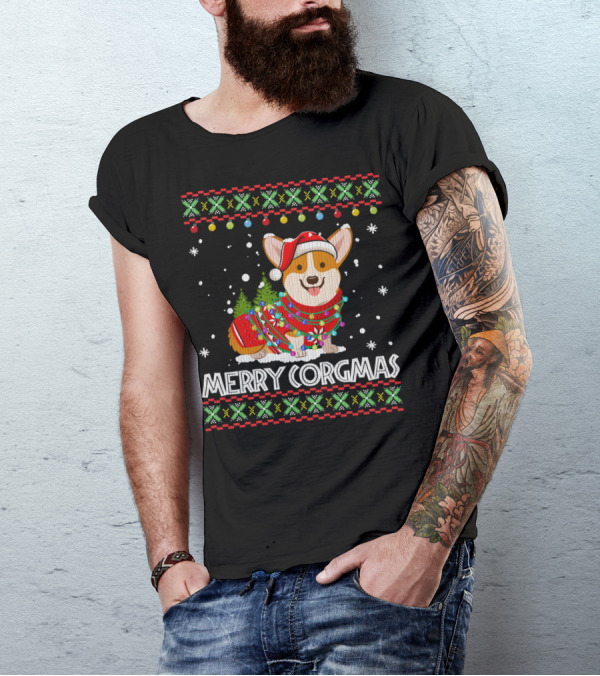 Merry Corgmas Corgi Dog Santa Hat Christmas Tree Lights Sweater Snowflakes T-Shirt