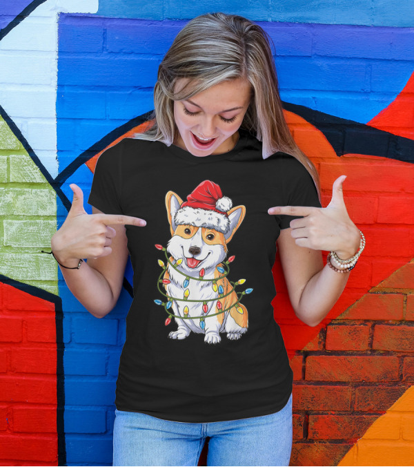 Corgi Santa Hat Wrapped In Christmas Tree Lights T-Shirt