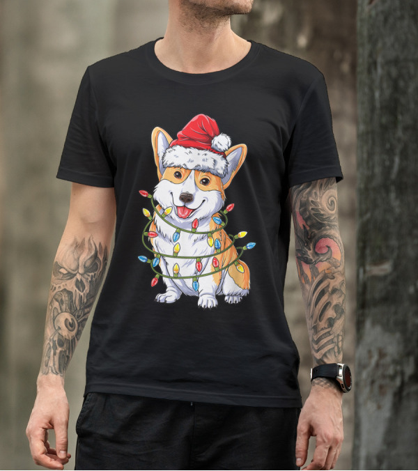 Corgi Santa Hat Wrapped In Christmas Tree Lights T-Shirt