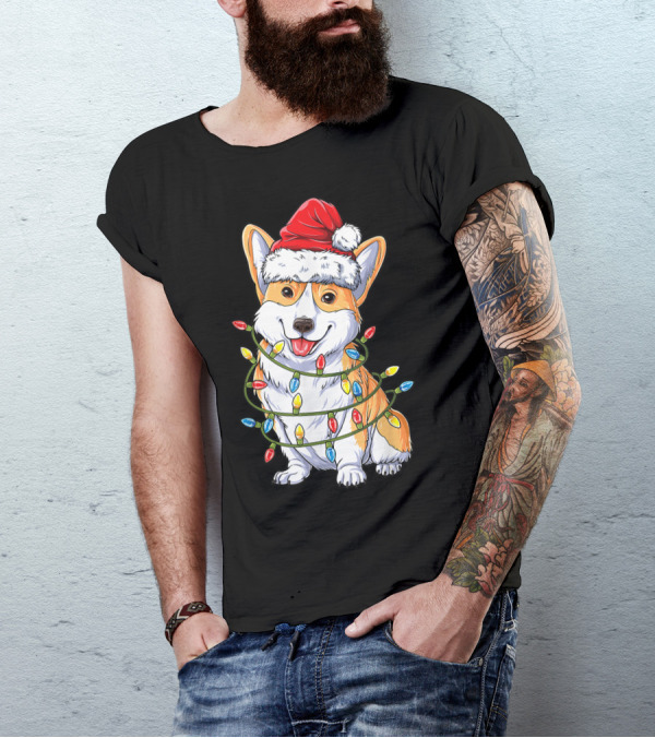 Corgi Santa Hat Wrapped In Christmas Tree Lights T-Shirt