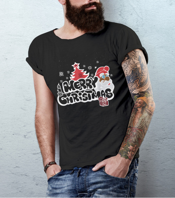 Merry Christmas Santa Red Tree Gift Black Holiday T-Shirt