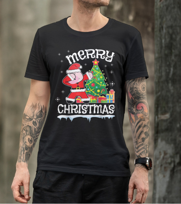 Merry Christmas Pig Dabbing By Noel Presents Tree Snow T-Shirt