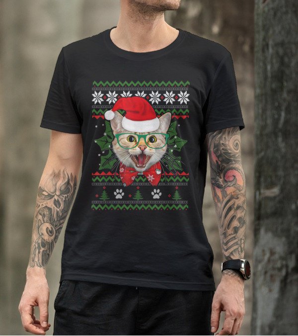 Santa Cat Holiday Ugly Christmas Sweater Look With Holly And Paws T-Shirt