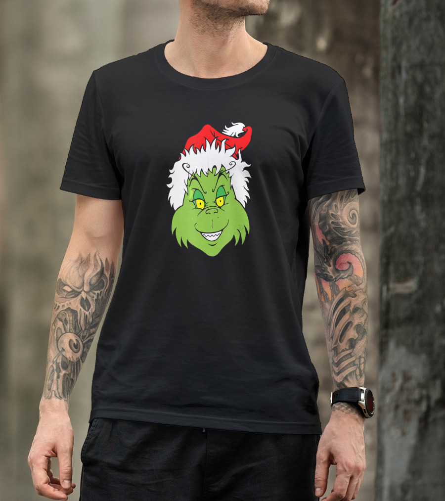 Christmas Grinch Face With Santa Hat T-Shirt
