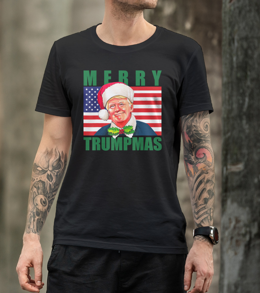 Merry Trumpmas Trump Santa Hat American Flag Political T-Shirt