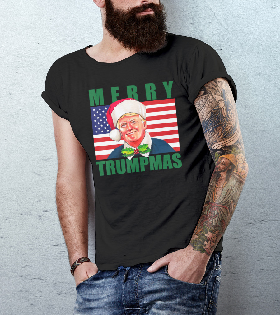 Merry Trumpmas Trump Santa Hat American Flag Political T-Shirt