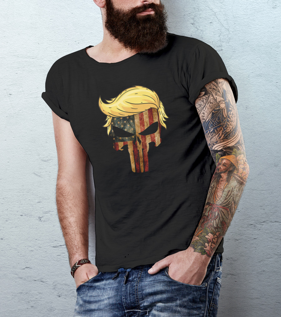 Skull With Iconic Trump Hair President Flag America Punisher T-Shirt
