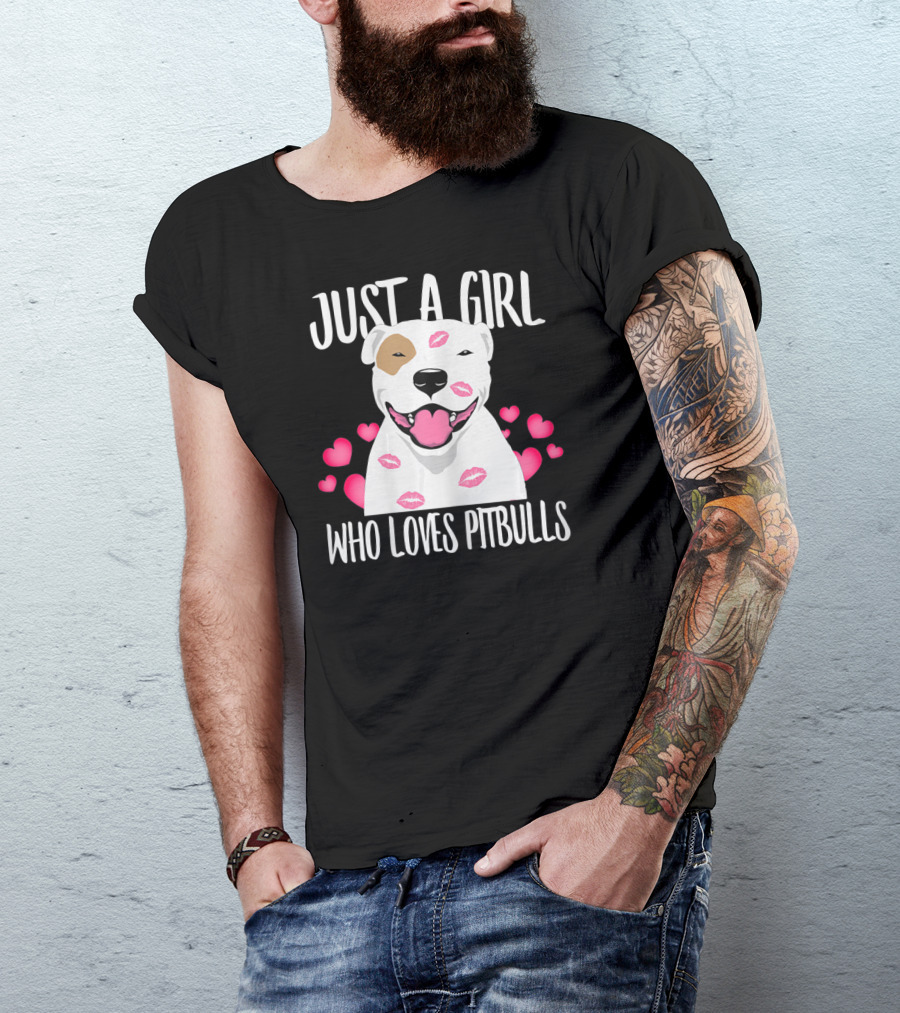 Just A Girl Who Loves Pitbulls With Heart And Kiss Motif T-Shirt