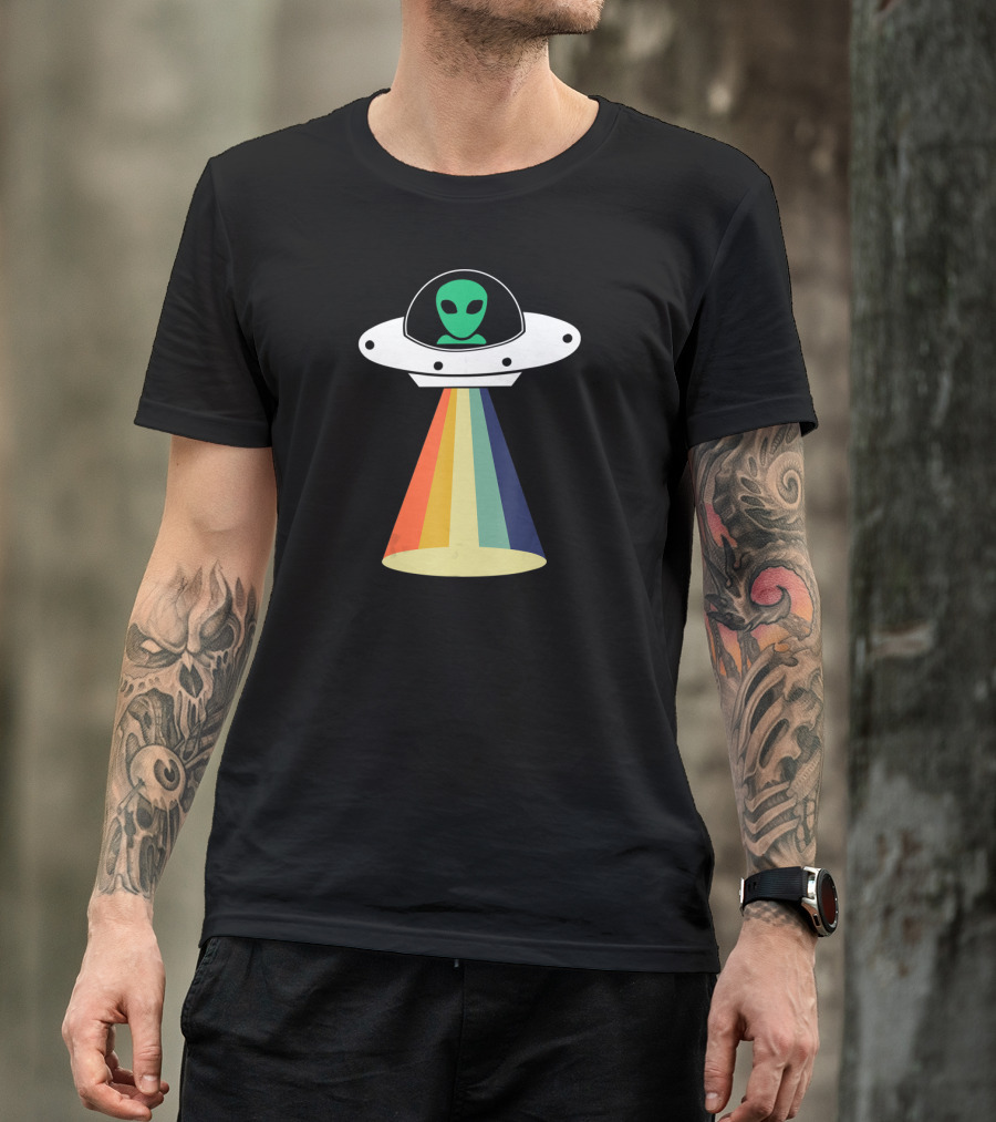 Rainbow Beam UFO Alien Christmas Outerspace Visitor T-Shirt