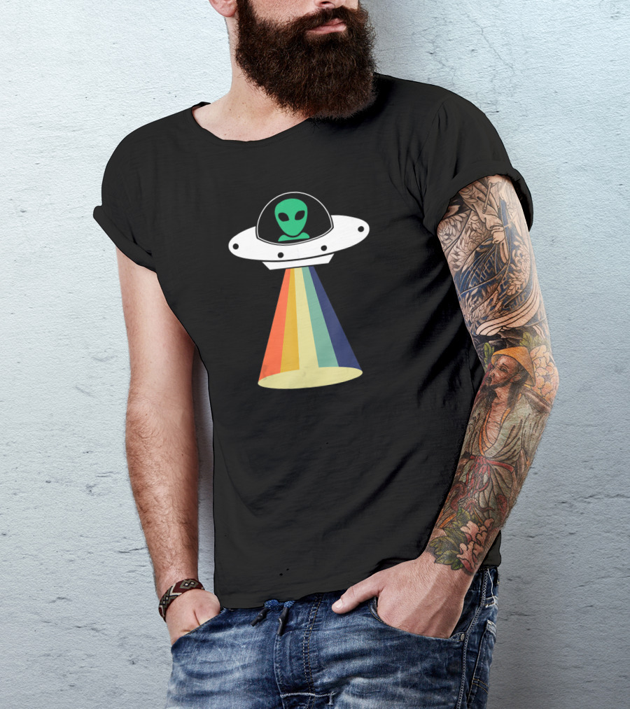 Rainbow Beam UFO Alien Christmas Outerspace Visitor T-Shirt