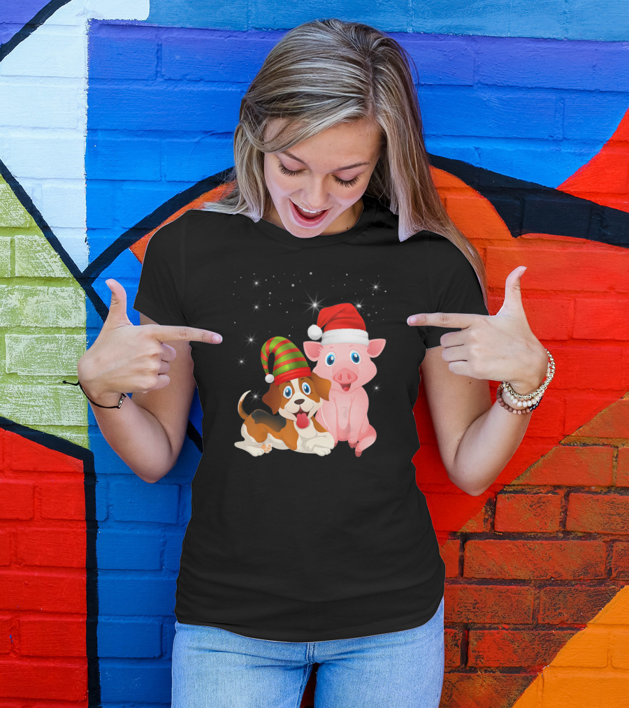 Christmas Festive Dog Pig Santa Hats T-Shirt