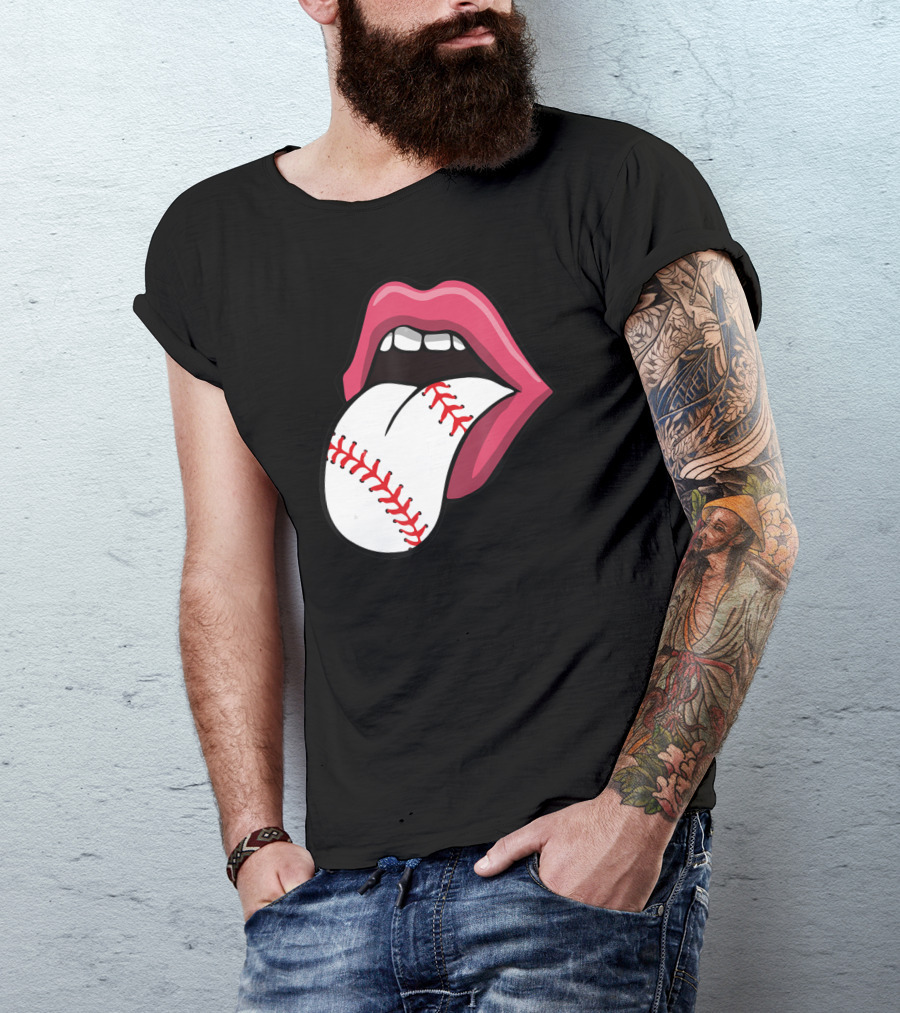 Baseball Stitch Red Lips Tongue T-Shirt