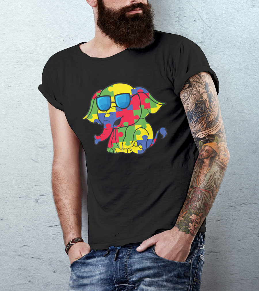 Autism Awareness Puzzle Pattern Elephant With Sunglasses T-Shirt