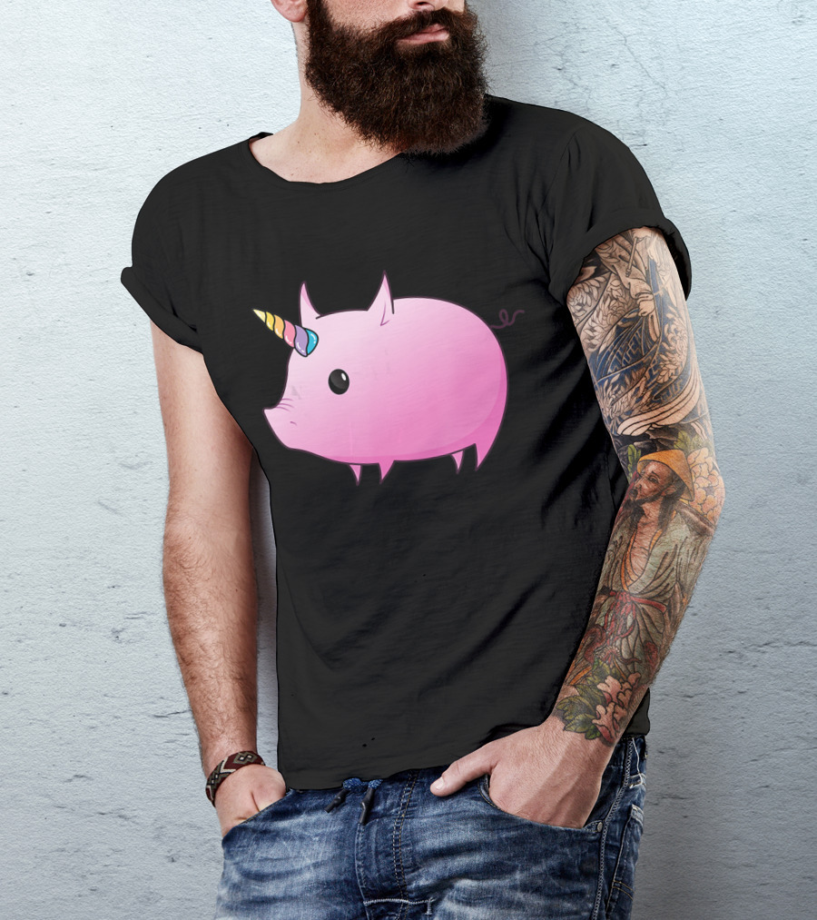 Unicorn Pig Rainbow Horn Adorable Cartoon Character T-Shirt