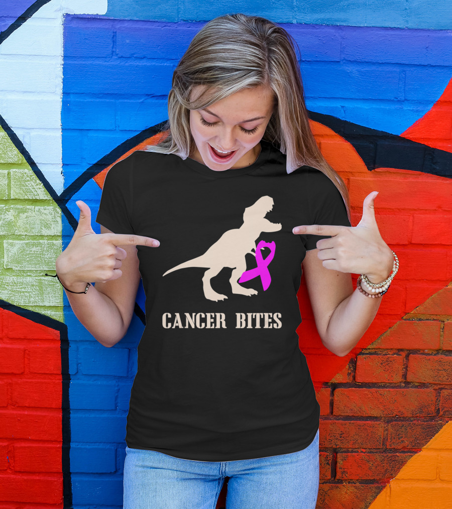 Cancer Bites Breast Cancer Dinosaur Pink T-Shirt
